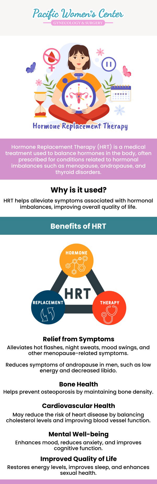 Hormone therapy is an effective way to alleviate the discomfort caused by menopause. The type of hormone therapy that is suitable for you may depend on several factors, including your age, your personal and family medical history, and the severity of your symptoms. Pacific Women's Center provide hormone therapy to individuals who are experiencing post-menopausal symptoms or other hormonal imbalances. You can consult with Dr. Richard A. Beyerlein, MD, CPI, FACOG, and Tamara A. Stenshoel, MD, FACOG for more information about hormone therapy. Contact us to learn more or book an appointment online. We are conveniently located at 911 Country Club Rd. Suite 222, Eugene, OR 97401. Hormone therapy is an effective way to alleviate the discomfort caused by menopause. The type of hormone therapy that is suitable for you may depend on several factors, including your age, your personal and family medical history, and the severity of your symptoms. Pacific Women's Center provide hormone therapy to individuals who are experiencing post-menopausal symptoms or other hormonal imbalances. You can consult with Dr. Richard A. Beyerlein, MD, CPI, FACOG, and Tamara A. Stenshoel, MD, FACOG for more information about hormone therapy. Contact us to learn more or book an appointment online. We are conveniently located at 911 Country Club Rd. Suite 222, Eugene, OR 97401.