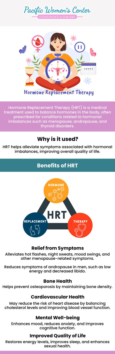 Hormone therapy is an effective way to alleviate the discomfort caused by menopause. The type of hormone therapy that is suitable for you may depend on several factors, including your age, your personal and family medical history, and the severity of your symptoms. Pacific Women's Center provide hormone therapy to individuals who are experiencing post-menopausal symptoms or other hormonal imbalances. You can consult with Dr. Richard A. Beyerlein, MD, CPI, FACOG, and Tamara A. Stenshoel, MD, FACOG for more information about hormone therapy. Contact us to learn more or book an appointment online. We are conveniently located at 911 Country Club Rd. Suite 222, Eugene, OR 97401. Hormone therapy is an effective way to alleviate the discomfort caused by menopause. The type of hormone therapy that is suitable for you may depend on several factors, including your age, your personal and family medical history, and the severity of your symptoms. Pacific Women's Center provide hormone therapy to individuals who are experiencing post-menopausal symptoms or other hormonal imbalances. You can consult with Dr. Richard A. Beyerlein, MD, CPI, FACOG, and Tamara A. Stenshoel, MD, FACOG for more information about hormone therapy. Contact us to learn more or book an appointment online. We are conveniently located at 911 Country Club Rd. Suite 222, Eugene, OR 97401.