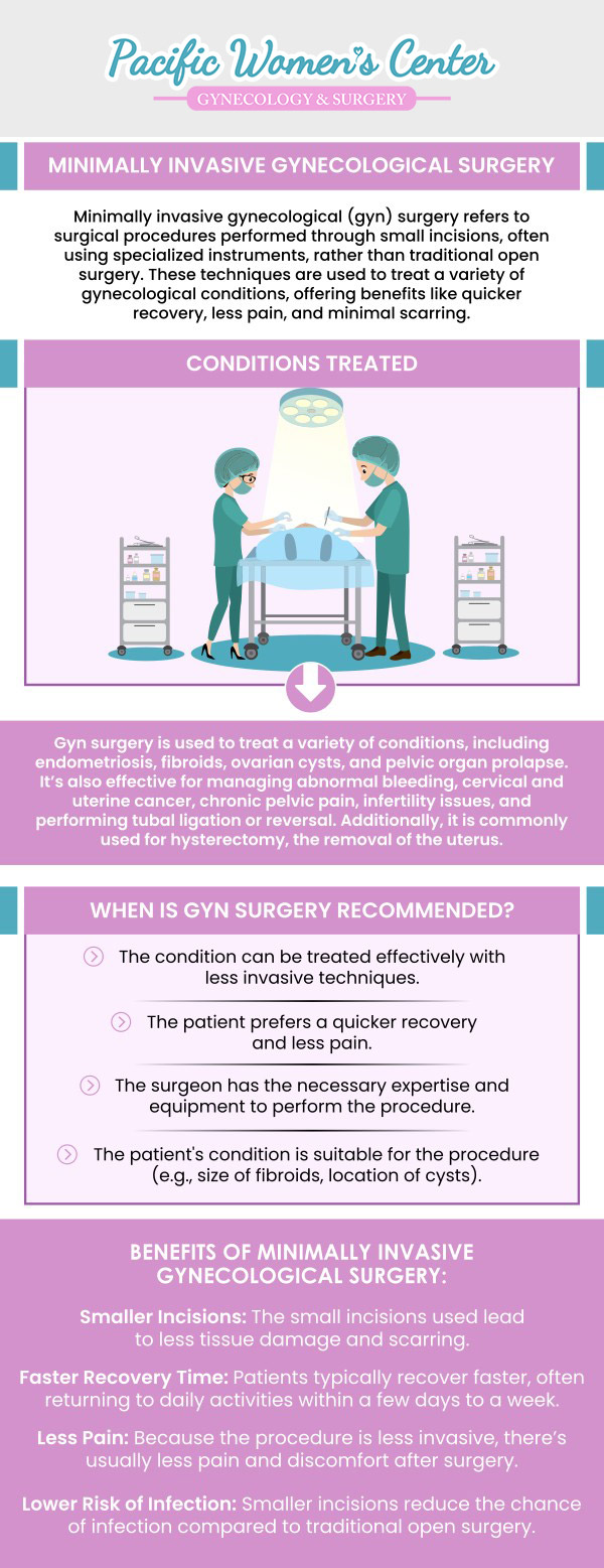 Minimally invasive gynecological surgeries use small incisions to minimize trauma and promote quicker recovery. These procedures are frequently prompted by symptoms such as pelvic pain, irregular bleeding, or uterine fibroids. Minimal surgical procedures can be beneficial for women who have endometriosis, ovarian cysts, or problems related to the uterus. Dr. Richard Beyerlein, MD, CPI, FACOG, and Tamara A. Stenshoel, MD, FACOG, perform various procedures with minimally invasive approaches at Pacific Women's Center. For more information, contact us or schedule an appointment online. We are conveniently located at 911 Country Club Rd. Suite 222, Eugene, OR 97401.
