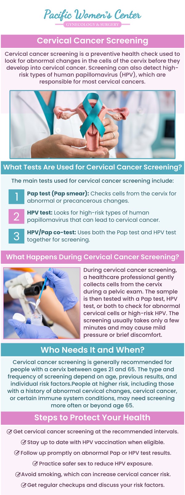 At Pacific Women’s Center, Dr. Richard A. Beyerlein, MD, and our team emphasize the importance of routine cervical cancer screening as part of preventive women’s healthcare. Regular screening can help identify abnormal cervical cell changes before they develop into more serious concerns, supporting earlier evaluation and timely care when needed. Our clinic provides personalized screening guidance based on age, health history, previous test results, and individual risk factors. By staying consistent with recommended cervical health screenings, women in Eugene, OR, can take a proactive approach to protecting their reproductive health and overall well-being. For more information, please contact us or book an appointment online. We are conveniently located at 911 Country Club Rd. Suite 222, Eugene, OR 97401. At Pacific Women’s Center, Dr. Richard A. Beyerlein, MD, and our team emphasize the importance of routine cervical cancer screening as part of preventive women’s healthcare. Regular screening can help identify abnormal cervical cell changes before they develop into more serious concerns, supporting earlier evaluation and timely care when needed. Our clinic provides personalized screening guidance based on age, health history, previous test results, and individual risk factors. By staying consistent with recommended cervical health screenings, women in Eugene, OR, can take a proactive approach to protecting their reproductive health and overall well-being. For more information, please contact us or book an appointment online. We are conveniently located at 911 Country Club Rd. Suite 222, Eugene, OR 97401.